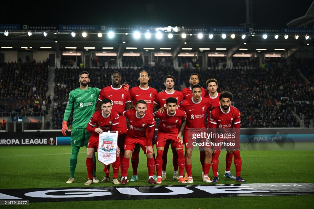 The Liverpool FC lineup is taking part in the UEFA Europa League quarter-finals second leg match against Atalanta BC at Gewiss Stadium in Bergamo, Italy, on April 18, 2024. (Photo by Tiziano Ballabio/NurPhoto via Getty Images)