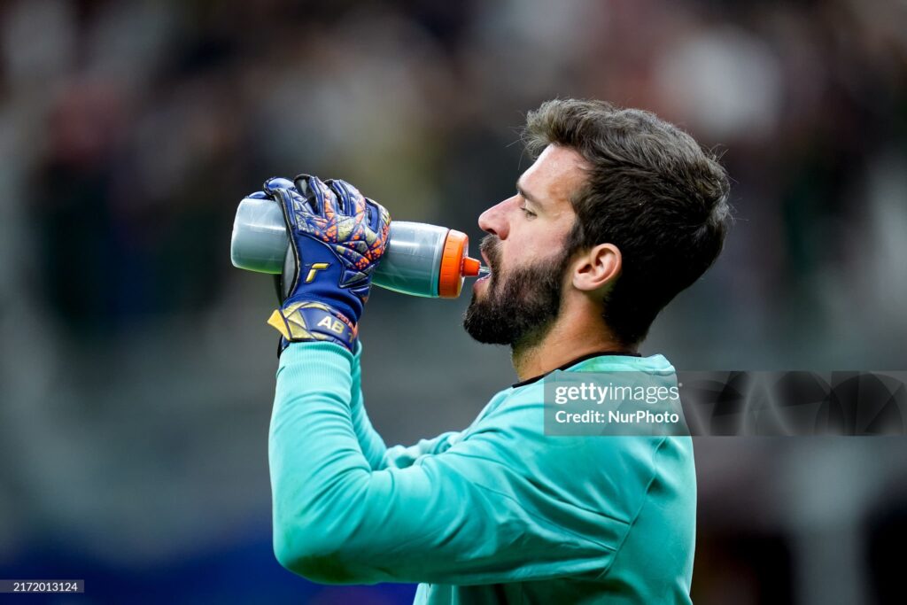 Alisson Becker of Liverpool FC during the UEFA Champions League 2024/25 League Phase MD1 match between AC Milan and Liverpool FC at Stadio San Siro on September 17, 2024 in Milan, Italy. (Photo by Giuseppe Maffia/NurPhoto via Getty Images)