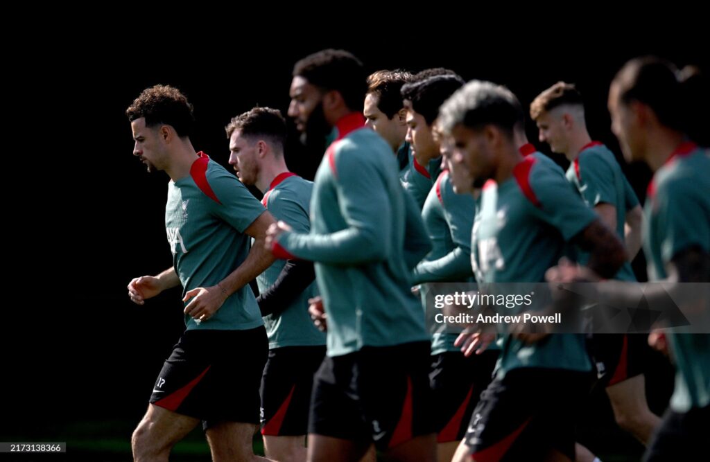 KIRKBY, ENGLAND - SEPTEMBER 19: (THE SUN OUT, THE SUN ON SUNDAY OUT) Curtis Jones of Liverpool during a training session at AXA Training Centre on September 19, 2024 in Kirkby, England. (Photo by Andrew Powell/Liverpool FC via Getty Images)