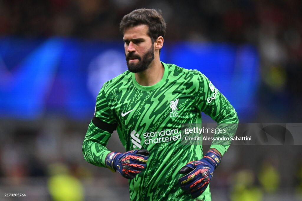 MILAN, ITALY - SEPTEMBER 17: Alisson Becker of Liverpool looks on during the UEFA Champions League 2024/25 League Phase MD1 match between AC Milan and Liverpool FC at Stadio San Siro on September 17, 2024 in Milan, Italy. (Photo by Alessandro Sabattini/Getty Images)