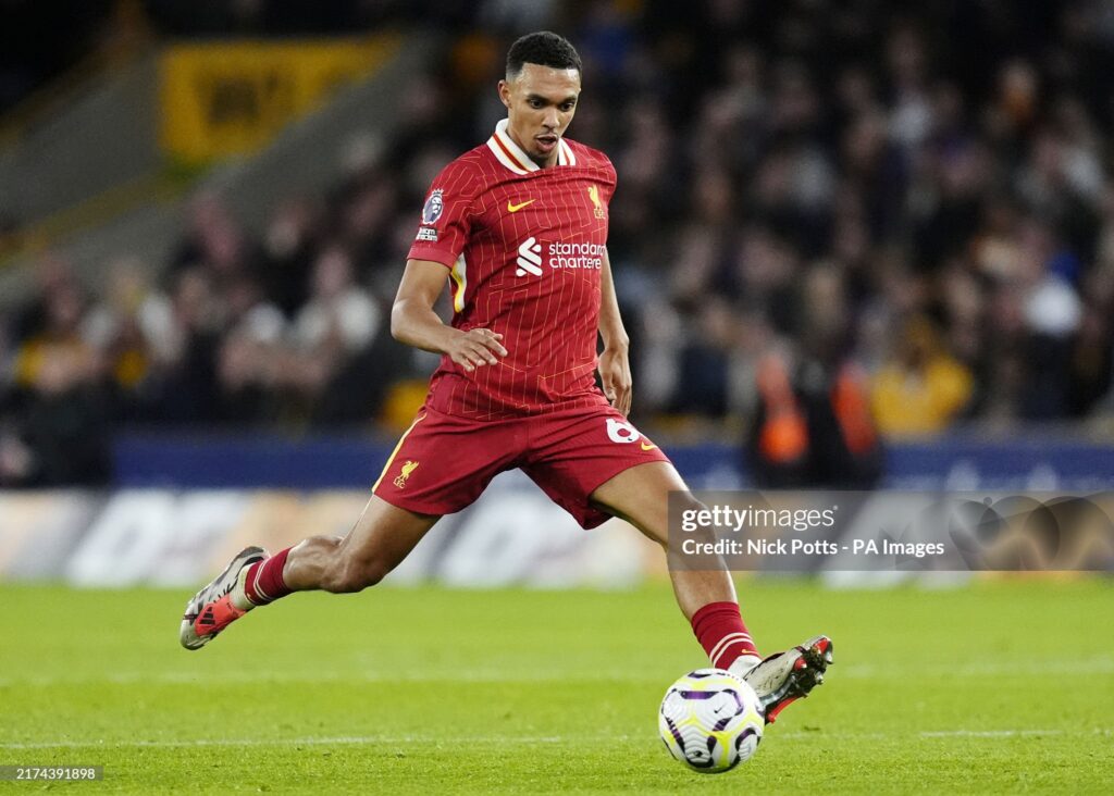 Liverpool's Trent Alexander-Arnold during the Premier League match at Molineux Stadium, Wolverhampton. Picture date: Saturday September 28, 2024. (Photo by Nick Potts/PA Images via Getty Images)